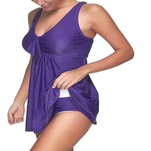 Women's One-Piece Swimdress Knotted Front Bow Tie Wireless Padded Swimsuit XL - Picture 2 of 6